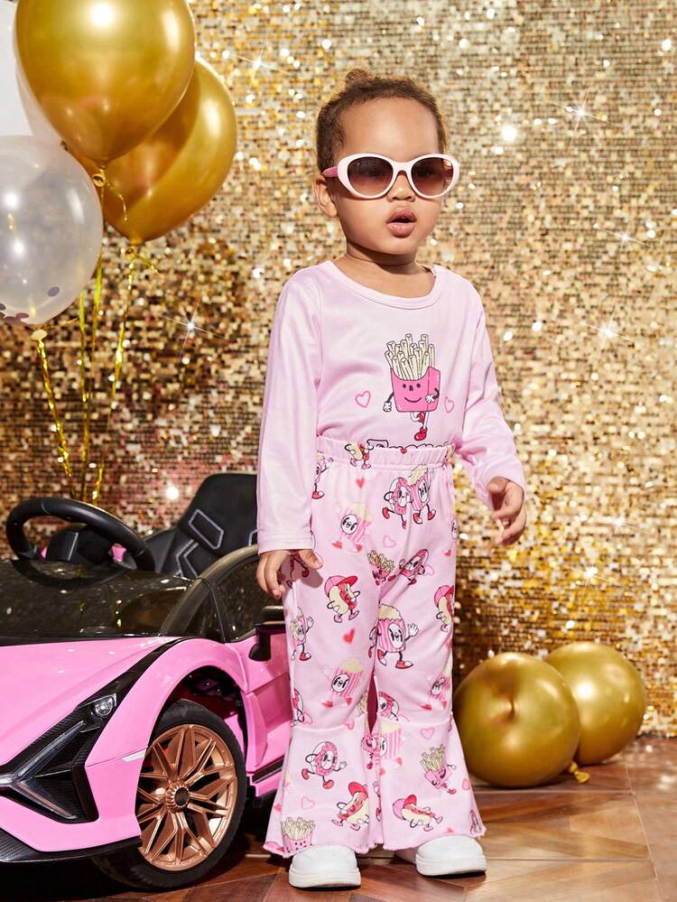 Baby Girls' Fries Pattern Printed T-shirt And Flared Pants Set