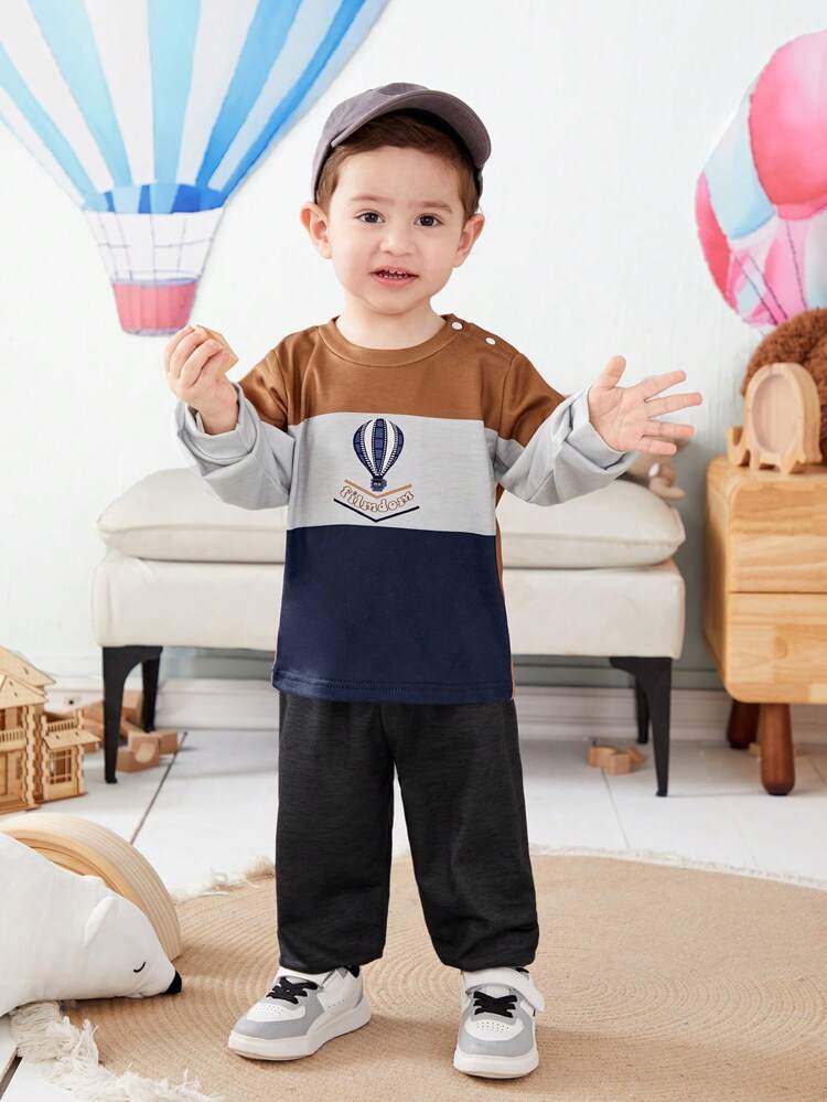 Baby Boys' Color Block Sweatshirt And Pants Set With Hot Air Balloon Print