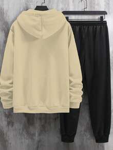 Manfinity 男士字母印花抽繩連帽休閒兩件套 - 卡其色 - 查看 2