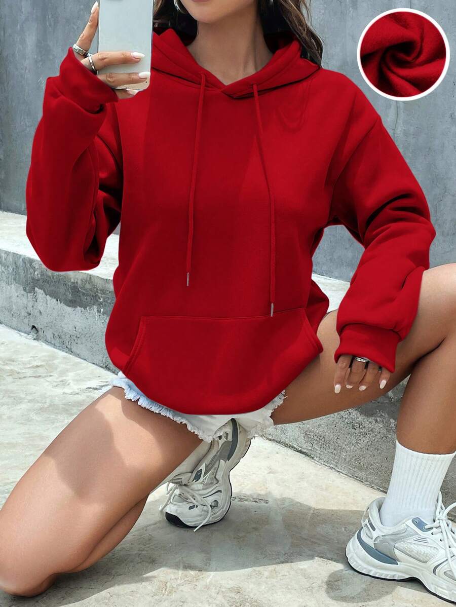 RueChic Sudadera Con Capucha De Forro Polar De Color Sólido Para Mujer Con Cordón - Rojo - Ver 1