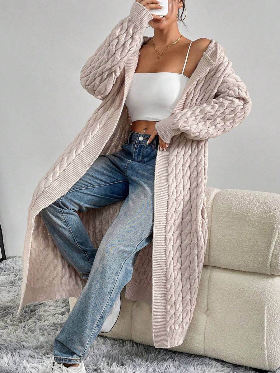 Dropped Shoulder Front Open Hooded Long Cardigan, Women's Casual Thick Knit Oversized Hooded Loose Apricot Solid Color Cardigan, Casual Daily Wear, Long Sleeve Top - Apricot - View 1