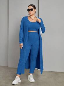 SHEIN Essnce Plus Size Solid Color Ribbed Leisure Suit - Royal Blue - View 4