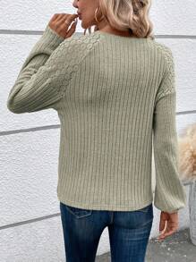 SHEIN LUNE Ren Vá lại Kết cấu Của phụ nữ Tay áo dài Áo thun - xanh quân đội - Xem 2