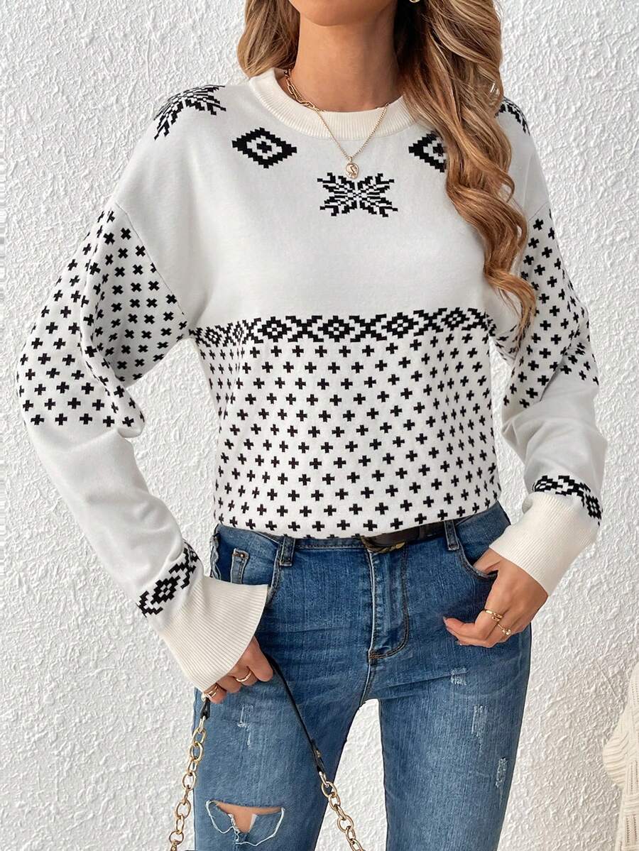 SHEIN Frenchy 女士幾何圖案落肩毛衣 - 彩色 - 查看 1
