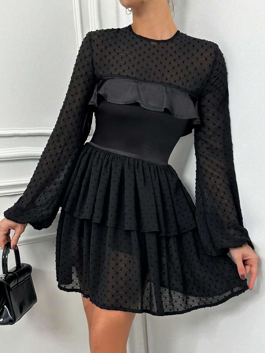 RueChic Mesh Joint Lantern Sleeve Ruffle Edge Party Dress - Black - View 1