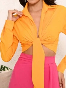 SHEIN Chất rắn Twist-Front Quần skinny Tay áo dài Áo sơ mi - Lạc đà - Xem 5