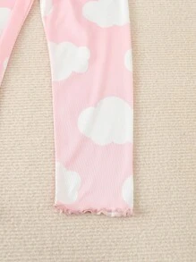 Top cu mânecă scurtă imprimat pentru fetiță drăguță, pantaloni lungi cu model de nor și culoare solidă Set de îmbrăcăminte pentru casă