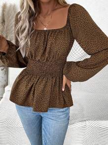 SHEIN LUNE 女士豹紋圓環袖腰帶包裹襯衫 - 咖啡棕 - 查看 1