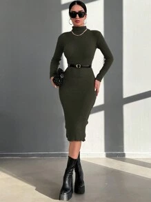 RueChic Enges Strickkleid Mit Hohem Halsausschnitt Für Damen - Dunkelgrau - Übersicht 7