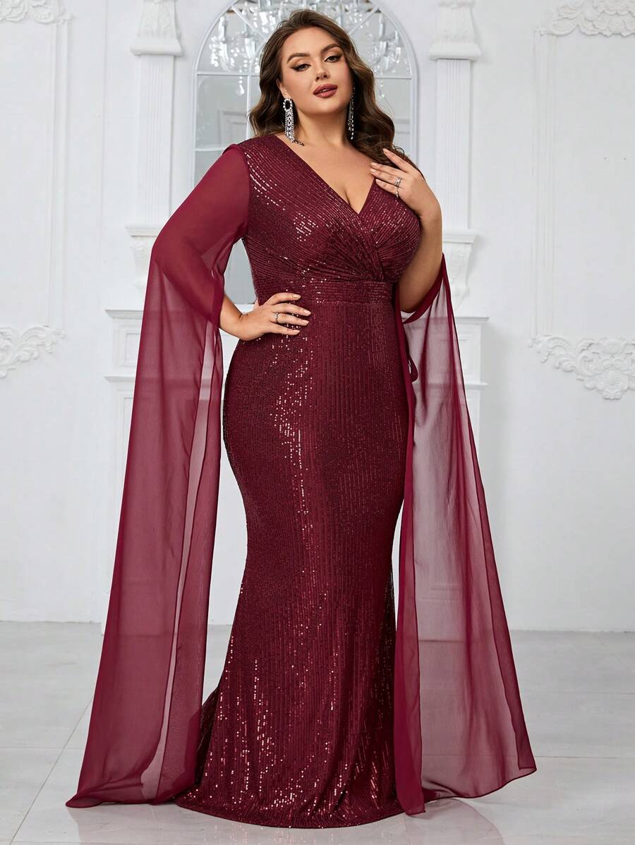 Giffniseti Plus Size Deep V Neck Sequin Prom Dress Chiffon Long Sleeves ...