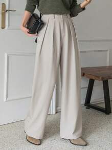 DAZY 女士百褶直筒宽松工作裤、商务休闲裤、教师裤 - 杏色 - 查看 3