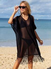 SHEIN Swim 夏季流苏下摆透明网眼罩衫泳衣罩衫 - 黑色 - 查看 1