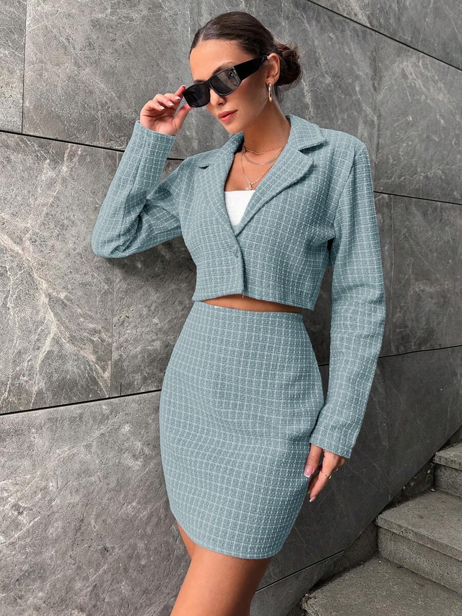 RueChic Plaid Pattern Lapel Neck Crop Blazer & Skirt - Blue - View 1