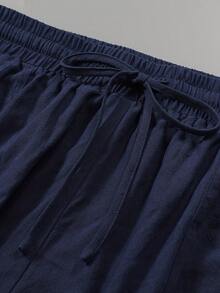 大码纯色抽绳腰袋休闲长裤 - 藏蓝色 - 查看 6