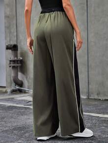 SHEIN Essnce Drawstring Waist Contrast Color Rolled Hem Pants - Multicolor - View 5