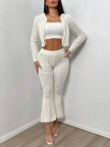 Zolique Frauen Reißverschluss Front Kapuze Cardigan Und Pullover Hose Set