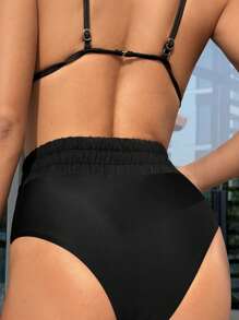 SHEIN Swim 女士抽绳腰部泳裤音乐节夏季 - 黑色 - 查看 2