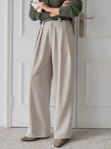 DAZY 女士百褶直筒宽松工作裤、商务休闲裤、教师裤 - 杏色 - 查看 1