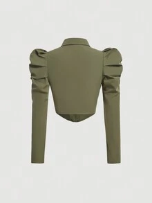 SHEIN MOD 純色泡泡袖襯衫 - 軍綠色 - 查看 2