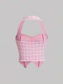 SHEIN MOD Women's Houndstooth Bow Decorated Halter Neck Top