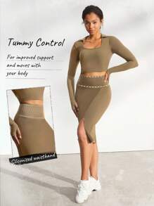 GLOWMODE FeatherFit™-Sculpt Tummy Control Slit Midi Pencil Skirt - Camel - View 4