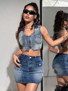 SHEIN ICON 女式露背上衣+牛仔短裙套裝 - 藍色 - 查看 4