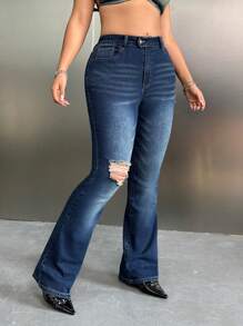 SHEIN ICON Y2k Blue Destroyed High Waisted Stretchy Flared Jeans For Plus Size Women - Blue - View 3