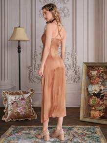 SHEIN Belle 露背交叉高衩褶邊吊帶連衣裙 - 杏色 - 查看 2