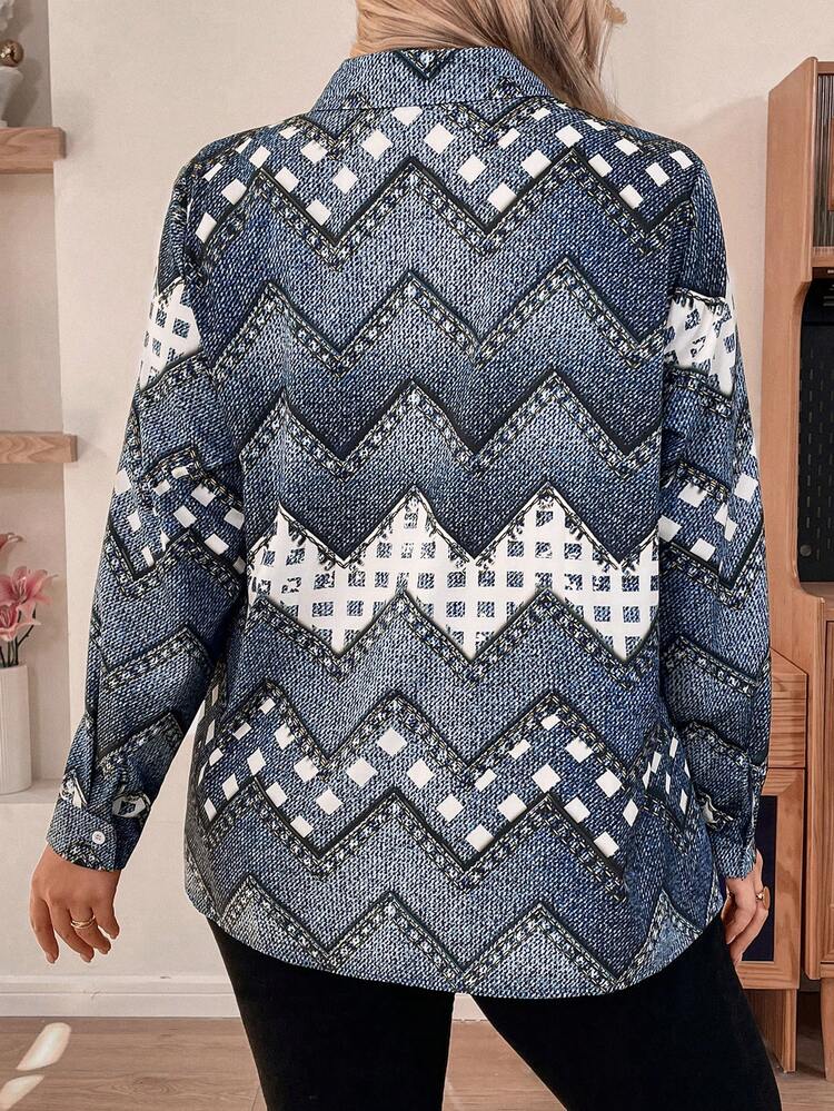 Plus Size Women'S Geometric Printed Long Sleeve Shirt