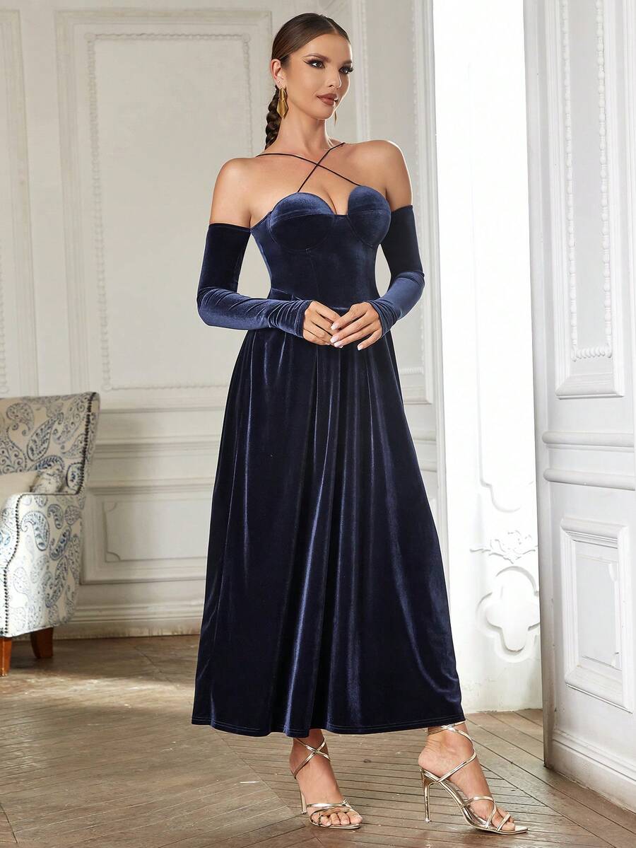 Crisscross Halter Neck Velvet Dress - Navy Blue - View 1