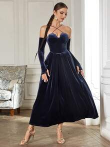 Crisscross Halter Neck Velvet Dress - Navy Blue - View 4