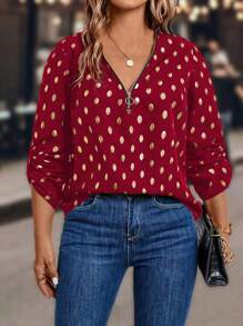 SHEIN Clasi 大尺碼金色橢圓點印花捲袖襯衫 - 紅色 - 查看 1