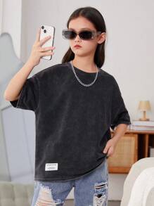 SHEIN 少女運動風和涼爽的針織短袖t恤,採用圓領設計 - 黑色 - 查看 7