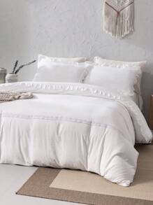 3pcs Solid Color Hemstitched Bedspread Set With White Lace Edge, Synthetic Fiber Surface - Beige - View 2