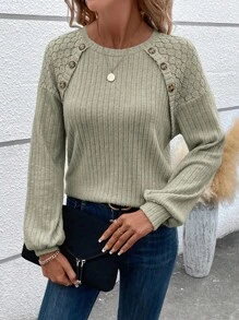 SHEIN LUNE Ren Vá lại Kết cấu Của phụ nữ Tay áo dài Áo thun - xanh quân đội - Xem 5