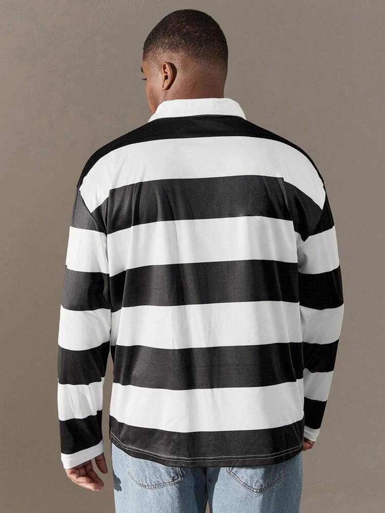 Loose Fit Men's Plus Size Polo Shirt With Contrast Stripes And Letter Print