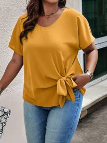 SHEIN LUNE 大碼短袖連衣褲,帶結細節 - 薑色 - 查看 3