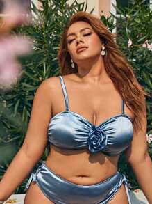 SHEIN Swim Curve Top de bikini fruncido con flor 3D talla plus para verano - Azul Marino - Ver 6