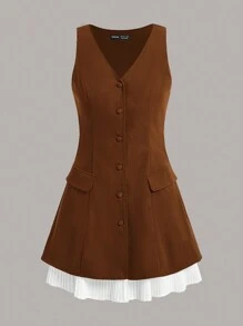 SHEINNeu 無袖拼佈下擺人造口袋連身裙 - 棕色 - 查看 1