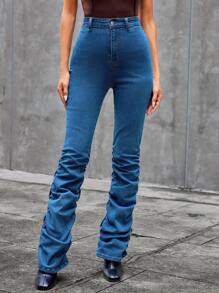 SHEIN Essnce Women's Denim Pants With Folded Hem - Medium Wash - View 5