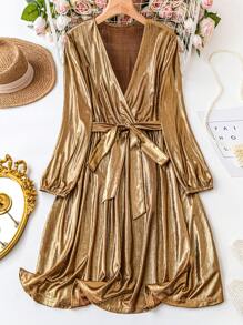 Celure Plus Size Wrap Neckline Long Sleeve Belted Metallic Dress - Gold - View 1