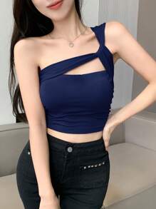 Dazy Star Hollow Out One Shoulder Crop Top Festival Summer Going Out Tops - Navy Blue - View 2
