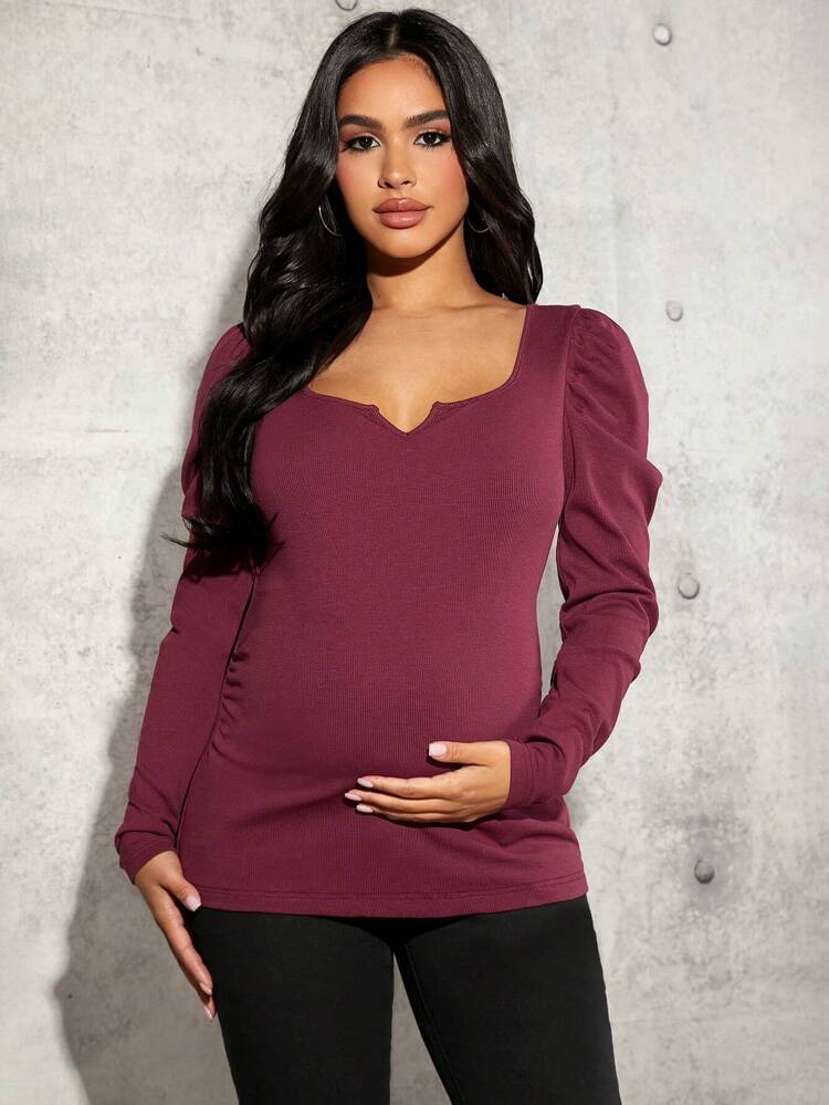 Maternity Notched-Neck Puff Sleeve T-Shirt