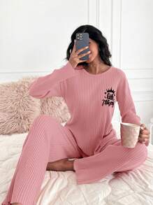 RueChic Letter Patterned Drop Shoulder Ribbed Knit Homewear Set - Baby Pink - View 1