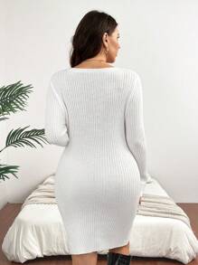 SHEIN Clasi Vestido De Suéter De Punto De Costilla De Color Sólido En Talla Grande - Blanco - Ver 2