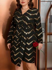 SHEIN Clasi 大尺碼裹領長袖連身裙 - 黑色 - 查看 1