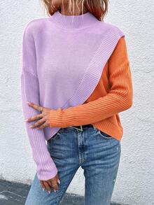 SHEIN Essnce 彩色分區立領交叉包裹毛衣 - 彩色 - 查看 4
