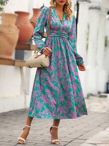 SHEIN LUNE 花卉印花荷叶边袖和收腰细节连衣裙 - 彩色 - 查看 3