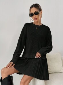 SHEIN Essnce Quý cô Màu thuần Viền xếp Đầm - màu đen - Xem 6