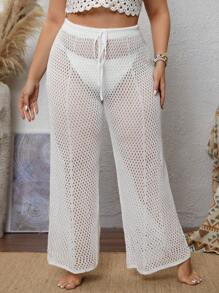 SHEIN Swim Curve 大尺碼女式鉤編遮蓋褲,腰部抽繩,鏤空細節 - 白色 - 查看 1